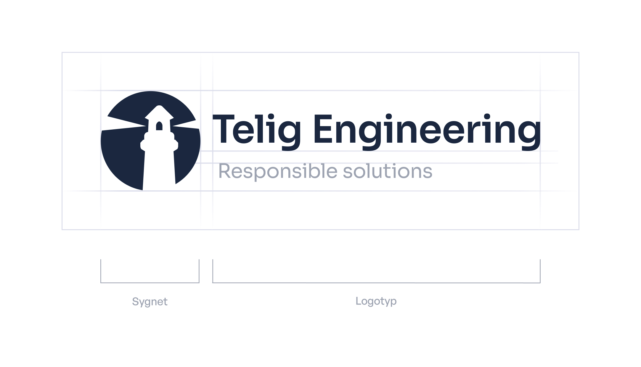 projekt logo Telig Engineering, latarnia w kole, nazwa firmy zapisana bez szeryfowym  krojem pisma
