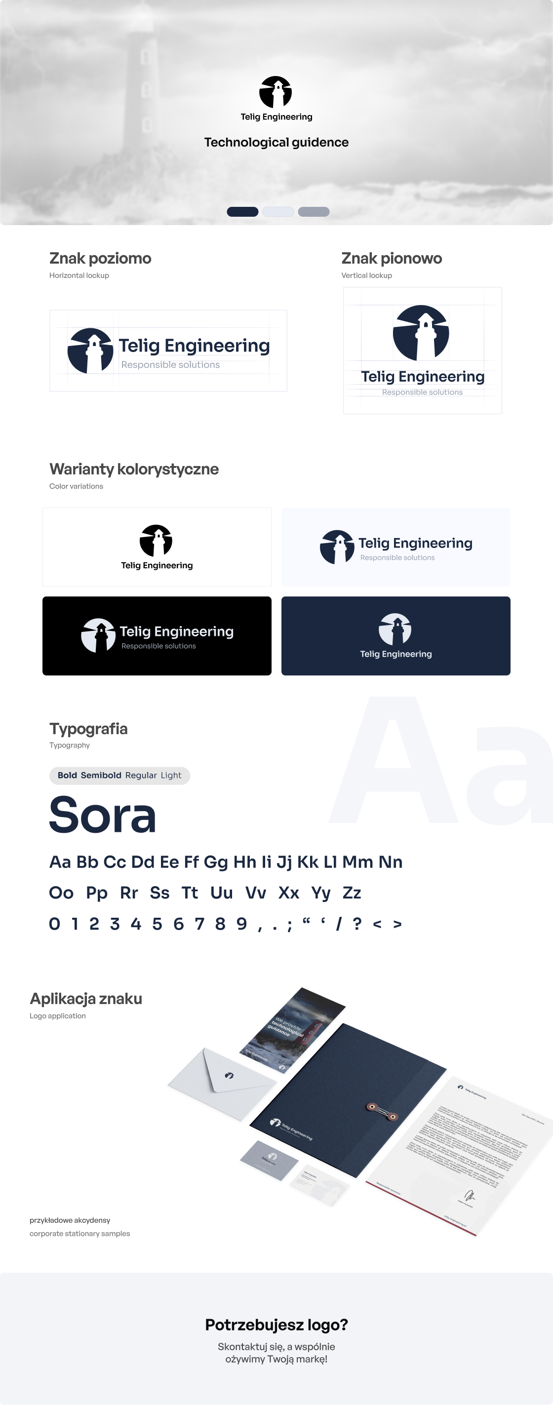 projekt logo Telig Engineering, latarnia w kole, nazwa firmy zapisana bez szeryfowym  krojem pisma