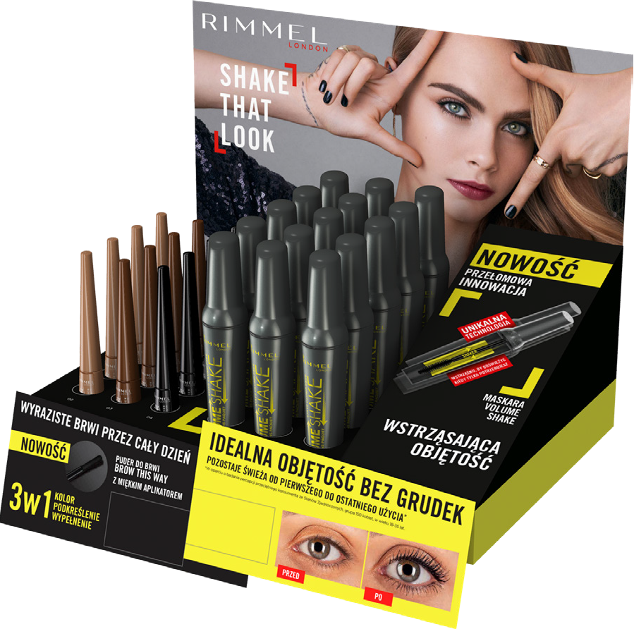 wizualizacja kartonowego standu dla marki Rimmel, Shake that look, czarno-żółty