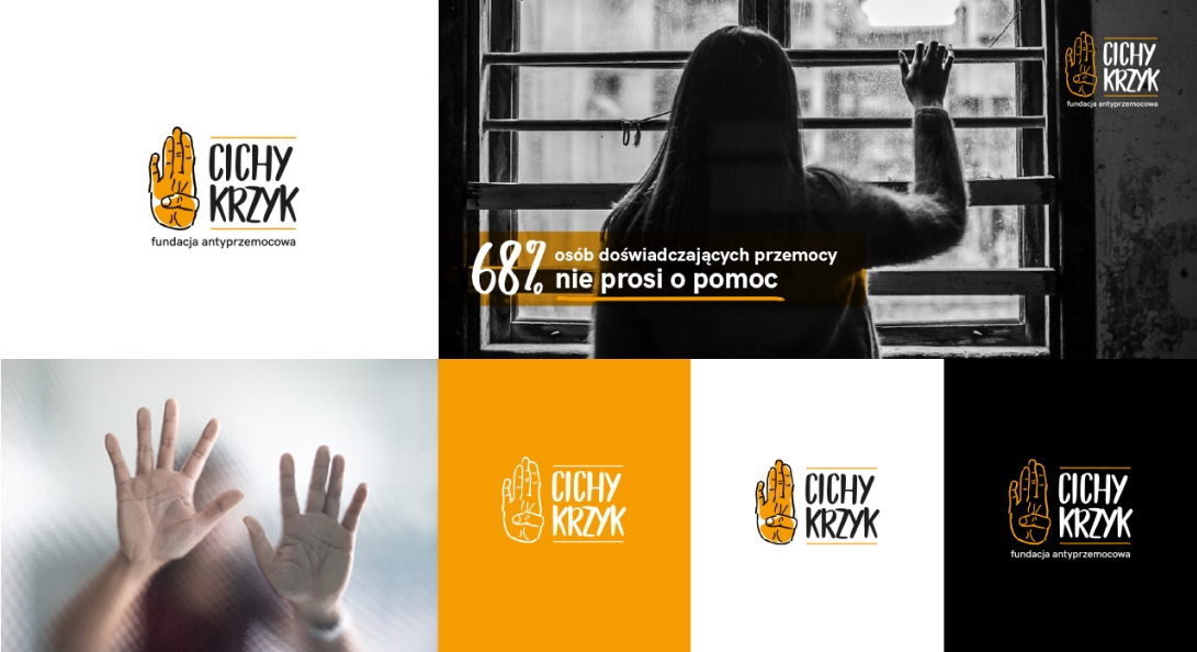 projekt logo fundacji Cichy Krzyk, sygnet to otwarta dłoń ze zgiętym do środka kciukiem obok nazwa fundacji zapisana krojem pisma stylizowanym na odręczne
